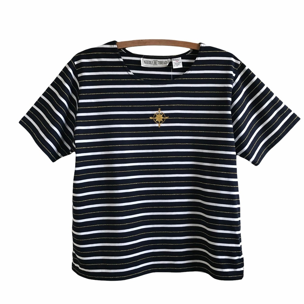 Navy White Celestial Nautical Stripe Short Sleeve Top T-Shirt - Petite Medium PM